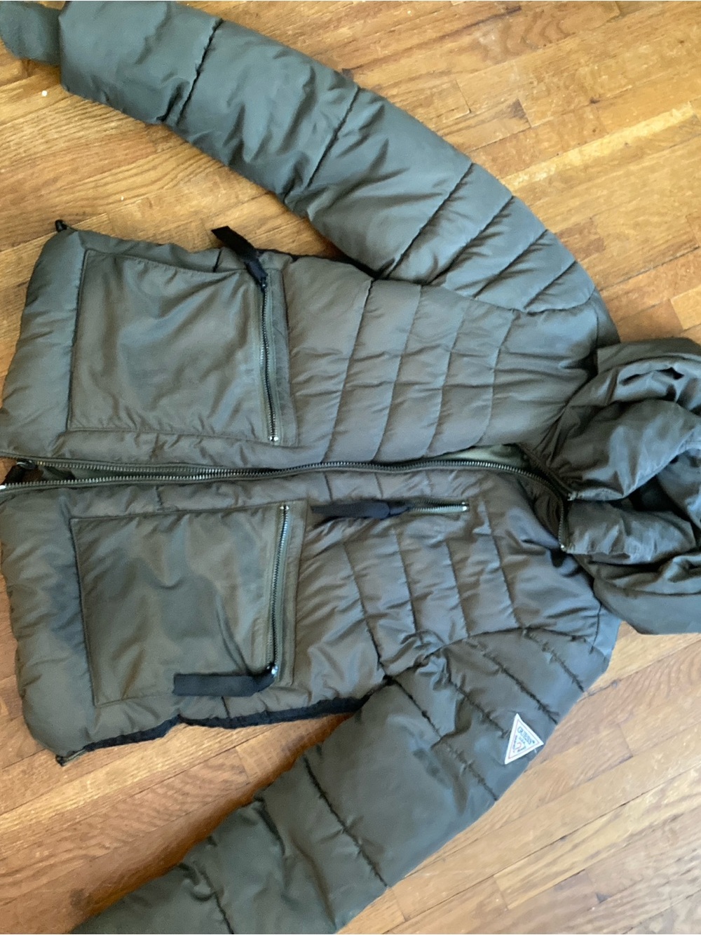 Guess Olive Green Quilted Puffer Jacket with Hood